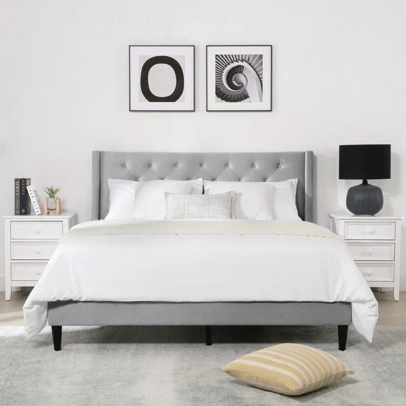 Upholstered Platform Bed Frame with Vertical Stripe Headboard