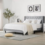 Upholstered Platform Bed Frame with Vertical Stripe Headboard