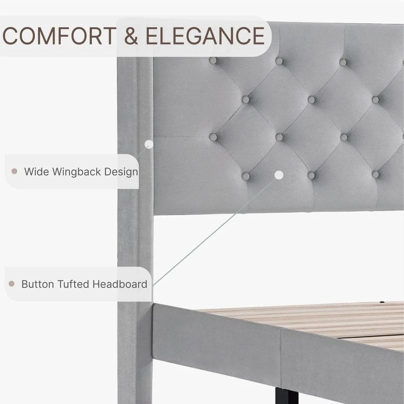 Upholstered Platform Bed Frame with Vertical Stripe Headboard