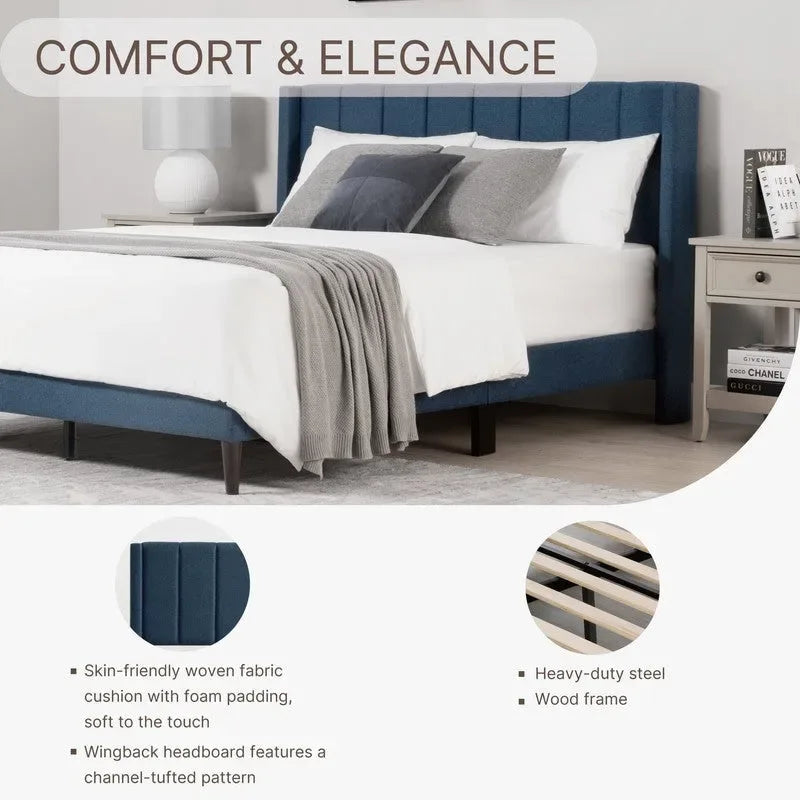 Upholstered Platform Bed Frame with Vertical Stripe Headboard