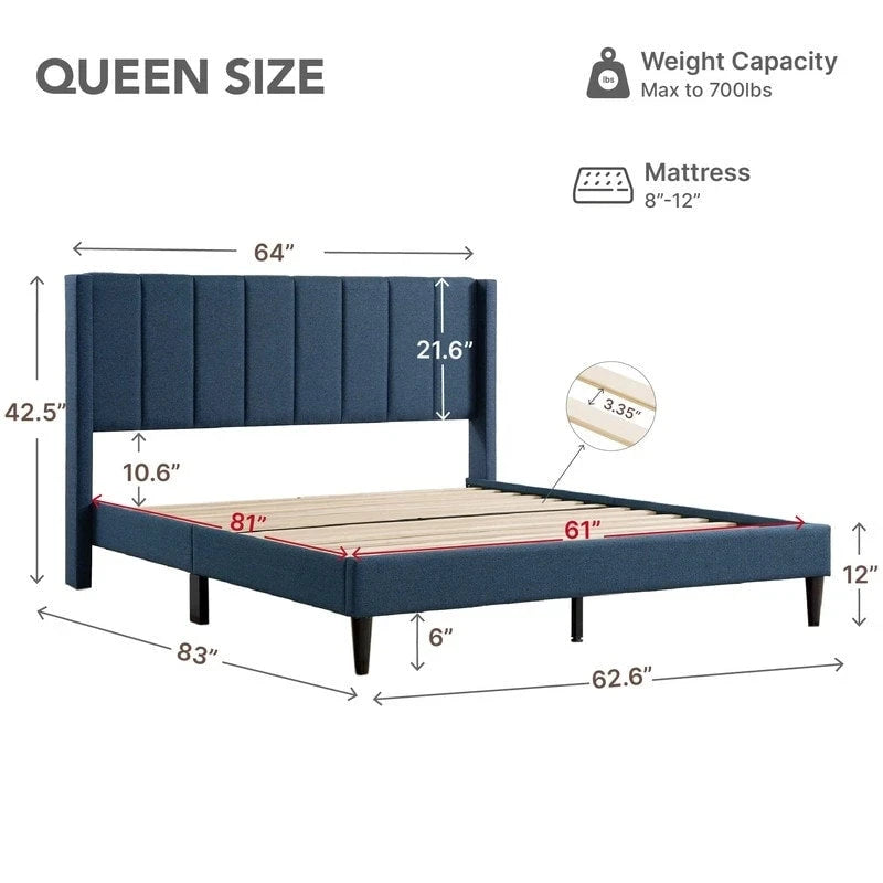 Upholstered Platform Bed Frame with Vertical Stripe Headboard