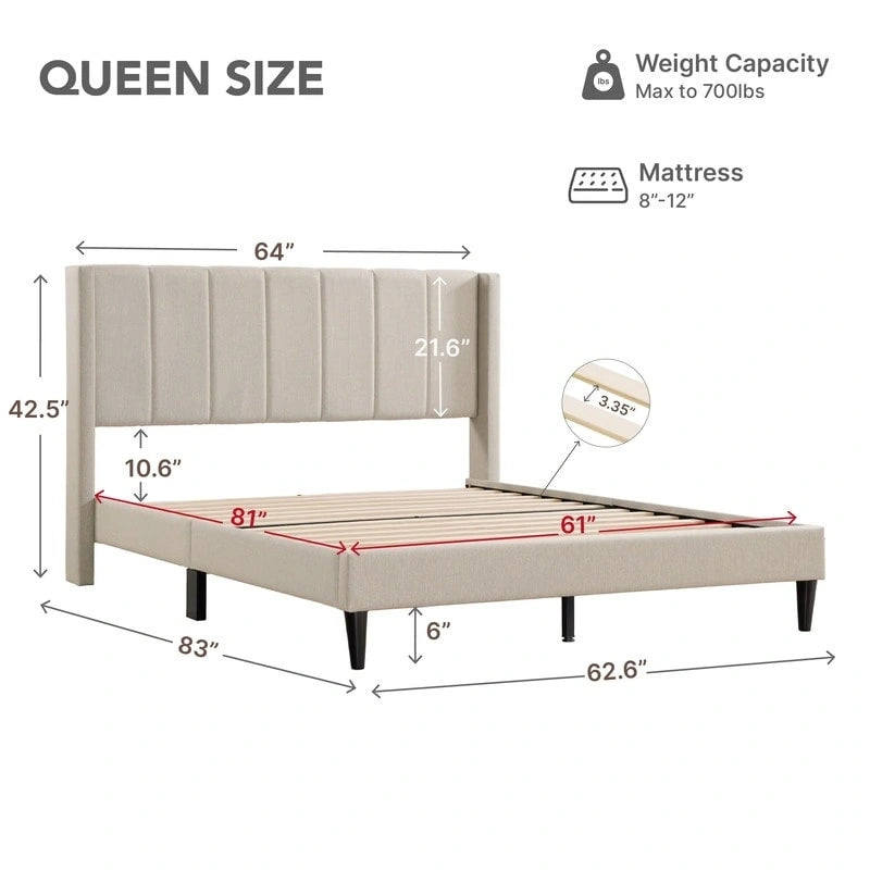 Upholstered Platform Bed Frame with Vertical Stripe Headboard