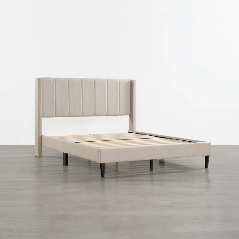 Upholstered Platform Bed Frame with Vertical Stripe Headboard