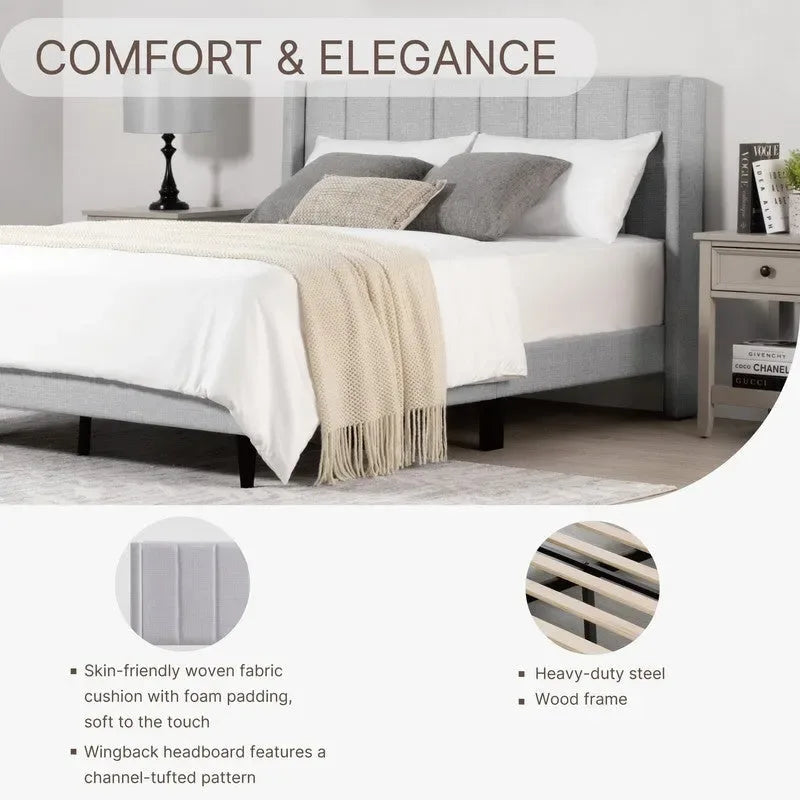 Upholstered Platform Bed Frame with Vertical Stripe Headboard