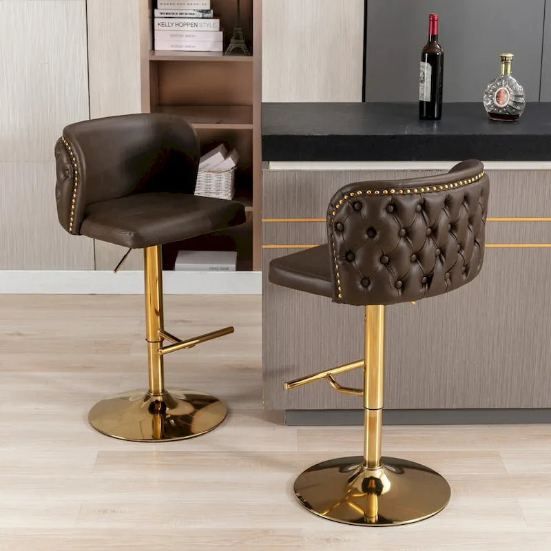 Set of 2 PU Upholstered Swivel Adjustble Bar Stools with Tufted Back