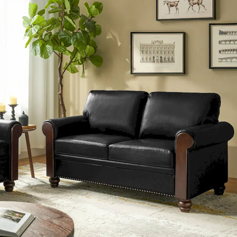 59" Transitional Faux Leather Loveseat with Solid Wood Legs and Nailhead Trim