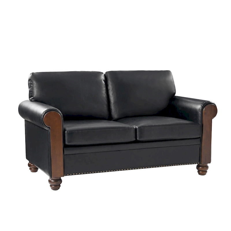 59" Transitional Faux Leather Loveseat with Solid Wood Legs and Nailhead Trim