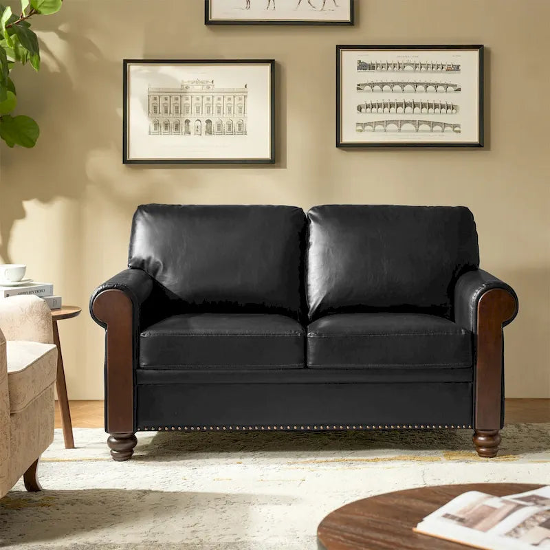 59" Transitional Faux Leather Loveseat with Solid Wood Legs and Nailhead Trim