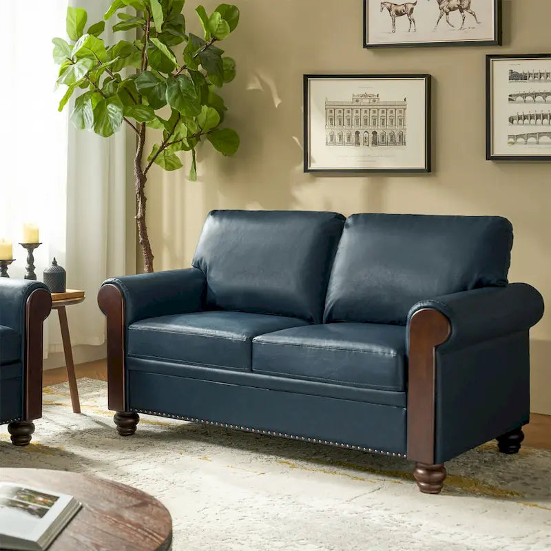 59" Transitional Faux Leather Loveseat with Solid Wood Legs and Nailhead Trim