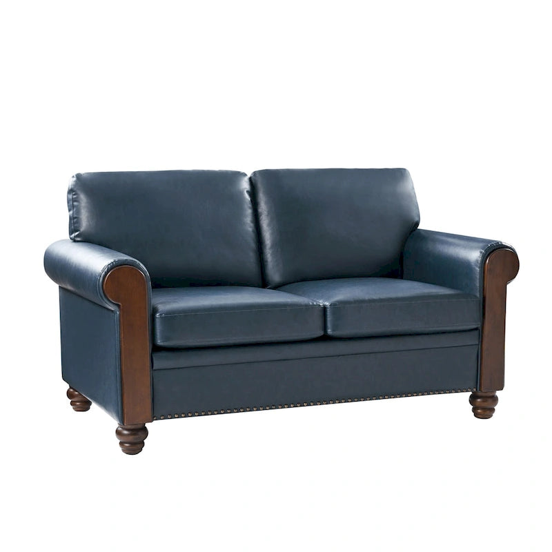 59" Transitional Faux Leather Loveseat with Solid Wood Legs and Nailhead Trim