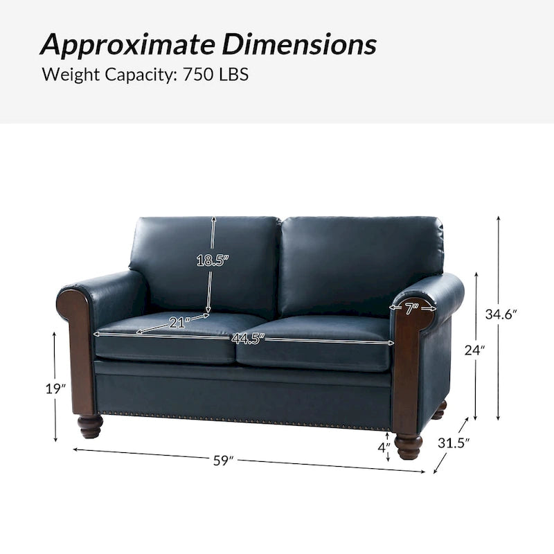 59" Transitional Faux Leather Loveseat with Solid Wood Legs and Nailhead Trim