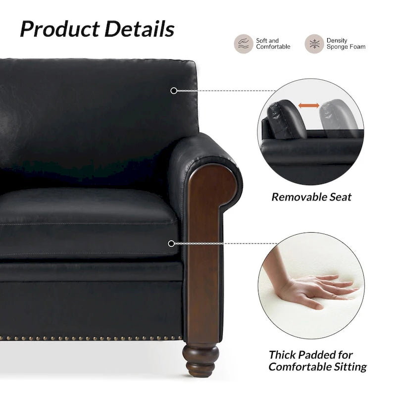 59" Transitional Faux Leather Loveseat with Solid Wood Legs and Nailhead Trim