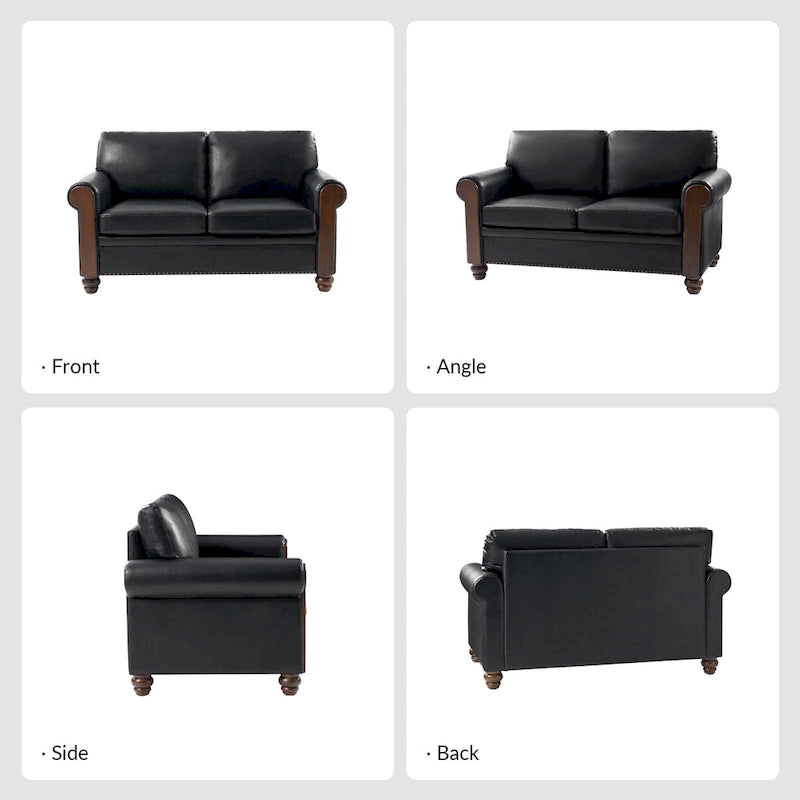 59" Transitional Faux Leather Loveseat with Solid Wood Legs and Nailhead Trim