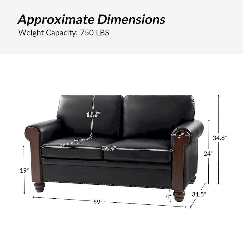 59" Transitional Faux Leather Loveseat with Solid Wood Legs and Nailhead Trim