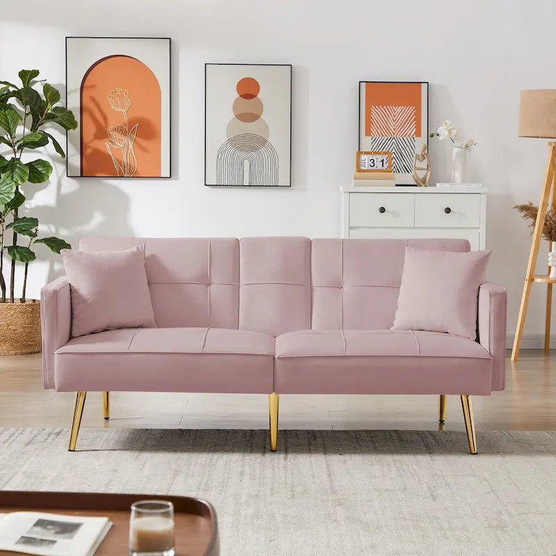 Pink Velvet Loveseat Sofa Bed with Adjustable Backrest and Center Armrest