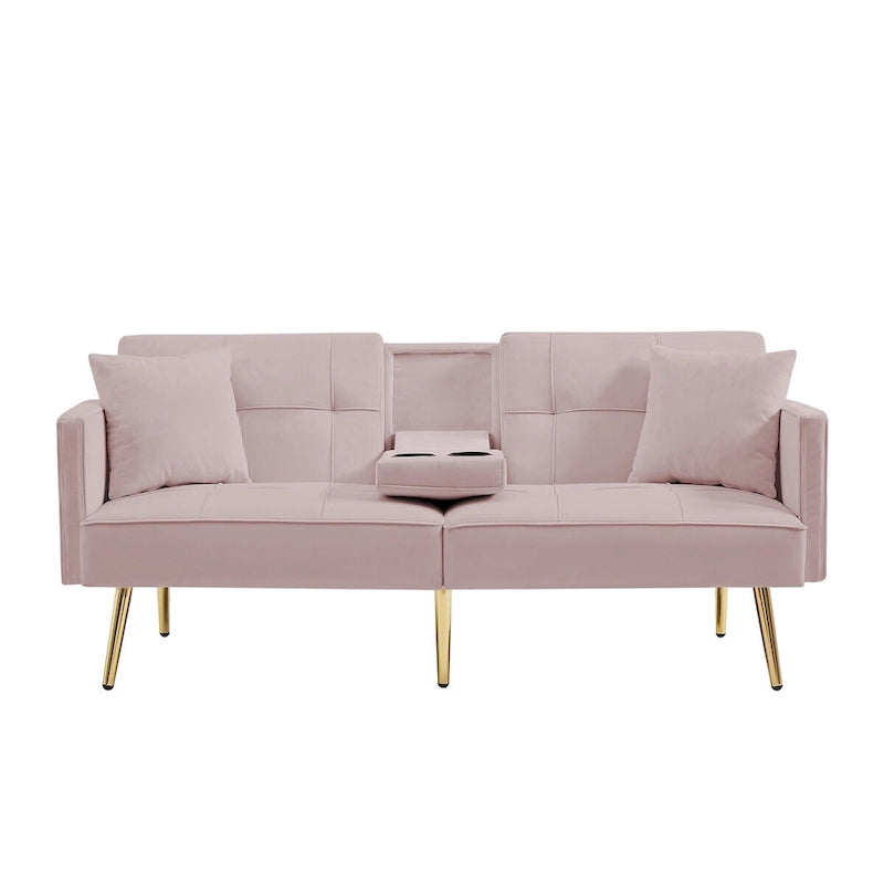 Pink Velvet Loveseat Sofa Bed with Adjustable Backrest and Center Armrest
