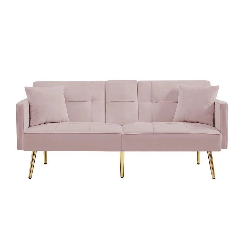 Pink Velvet Loveseat Sofa Bed with Adjustable Backrest and Center Armrest