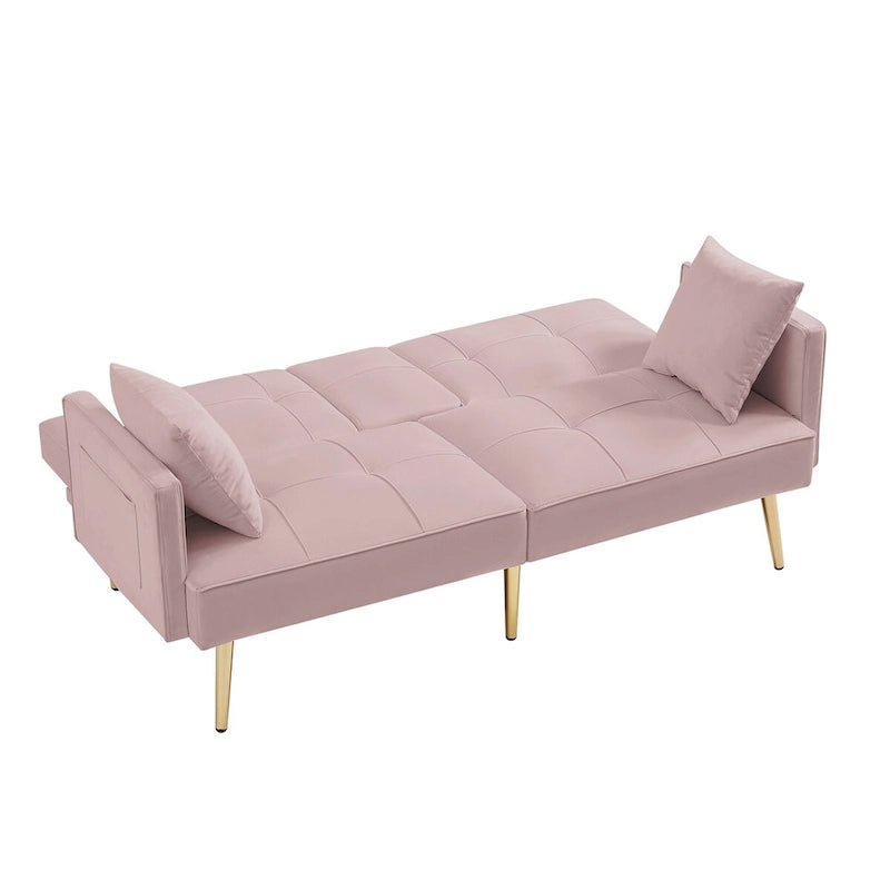 Pink Velvet Loveseat Sofa Bed with Adjustable Backrest and Center Armrest