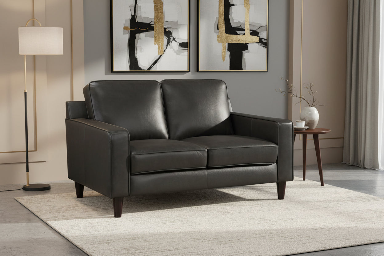 60 Inch Loveseat, Gray Top Grain and Faux Leather, Solid Wood Frame