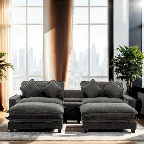 112.6 Chenille Upholstered Sectional Sofa with 2 Removable Ottoman