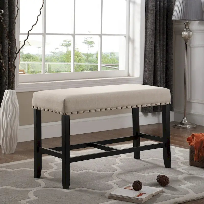 Banc de salle à manger à hauteur de comptoir en tissu avec clous décoratifs