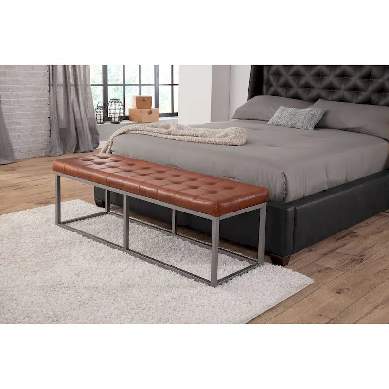 Banc Quarterhorse en cuir véritable brun cannelle et métal