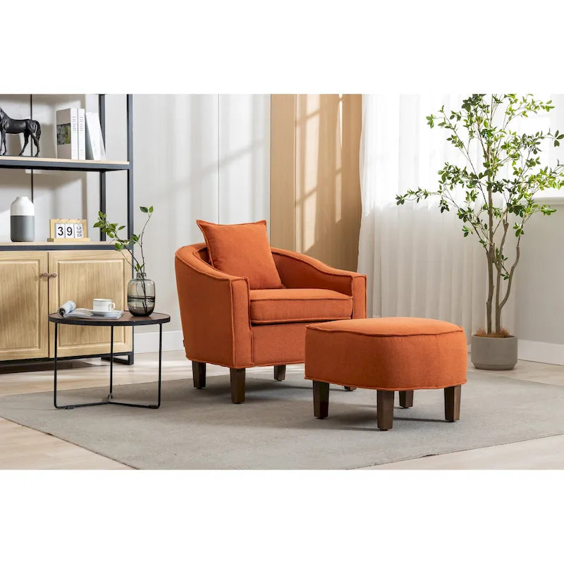 Mid-Century Upholstered Barrel Accent Round Arm Chair with Ottoman