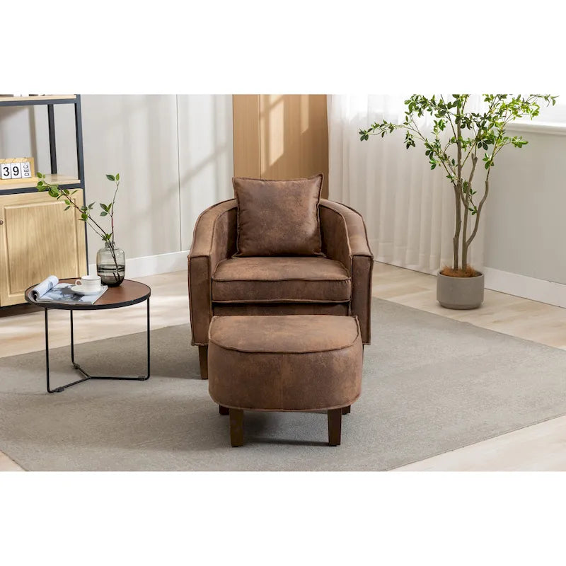 Mid-Century Upholstered Barrel Accent Round Arm Chair with Ottoman