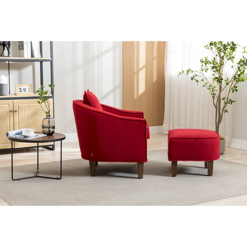 Mid-Century Upholstered Barrel Accent Round Arm Chair with Ottoman