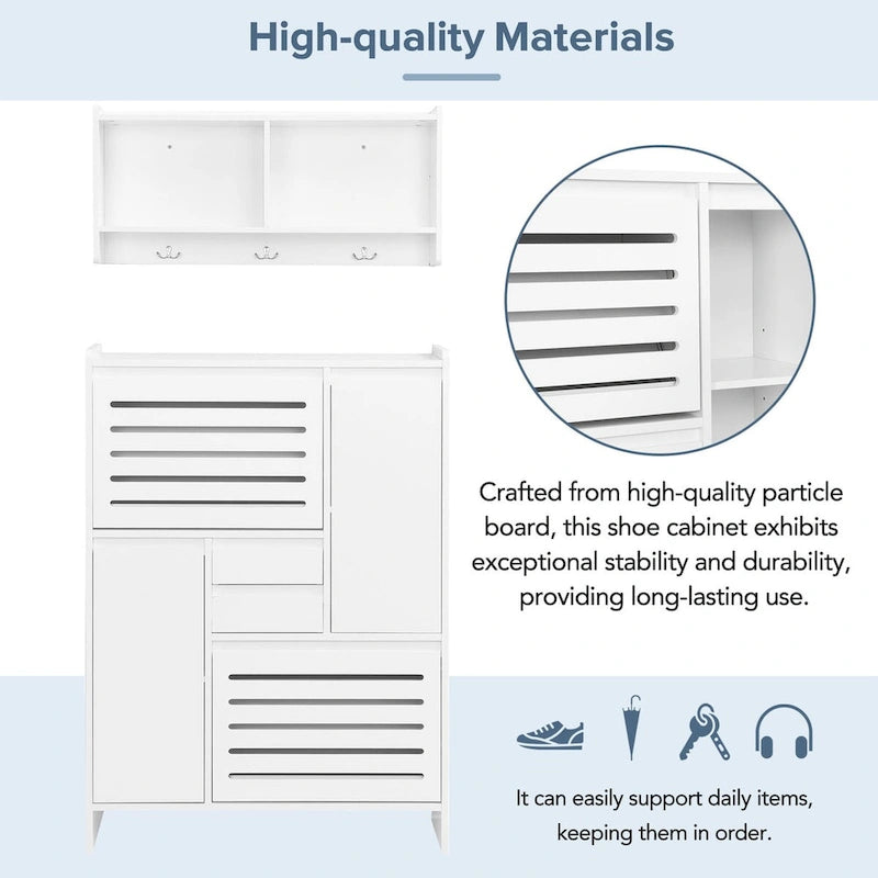 Shoe Cabinet with Wall Cabinet, Space-saving Design Foyer Cabinet with 2 Flip Drawers, Versatile Side Cabinet for Hallway, White