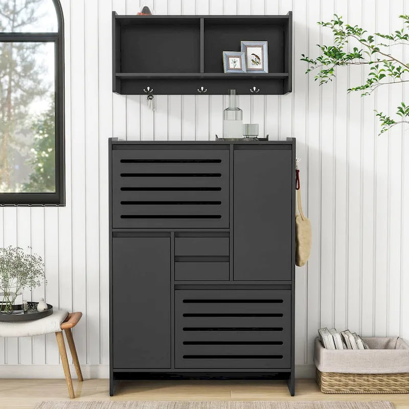 Shoe Cabinet with Wall Cabinet, Space-saving Design Foyer Cabinet with 2 Flip Drawers, Versatile Side Cabinet for Hallway, White