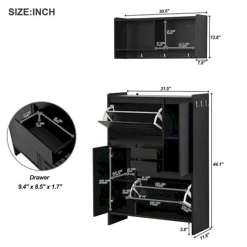 Shoe Cabinet with Wall Cabinet, Space-saving Design Foyer Cabinet with 2 Flip Drawers, Versatile Side Cabinet for Hallway, White