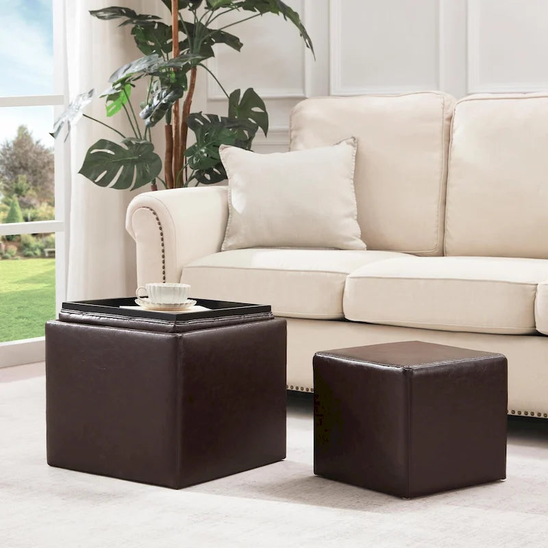 Ensemble de poufs de rangement carrés avec repose-pieds et plateau