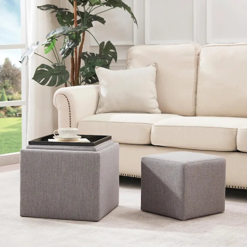 Ensemble de poufs de rangement carrés avec repose-pieds et plateau