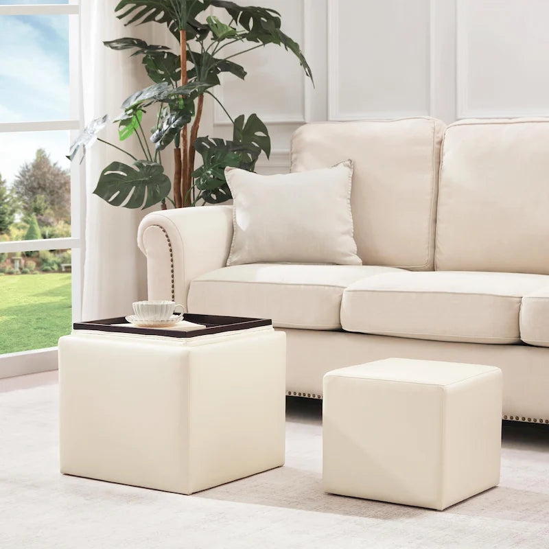 Ensemble de poufs de rangement carrés avec repose-pieds et plateau
