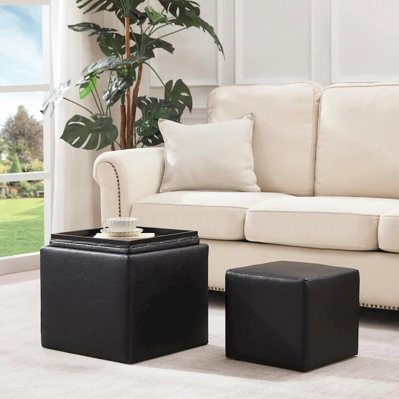 Ensemble de poufs de rangement carrés avec repose-pieds et plateau