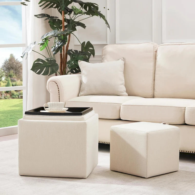 Ensemble de poufs de rangement carrés avec repose-pieds et plateau