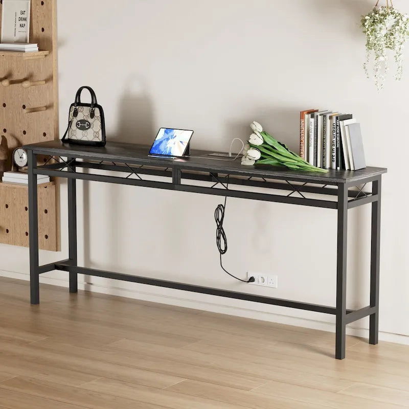 o Console Table with with Charging Station & USB Ports, Charcoal Gray