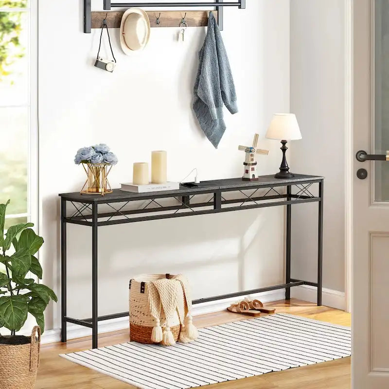 o Console Table with with Charging Station & USB Ports, Charcoal Gray