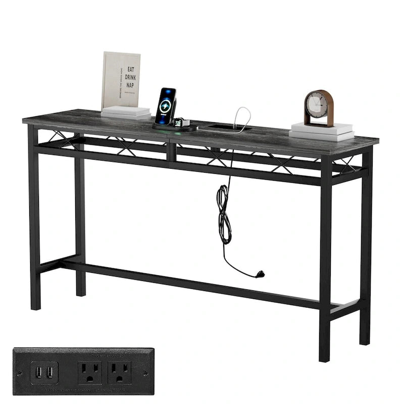 o Console Table with with Charging Station & USB Ports, Charcoal Gray