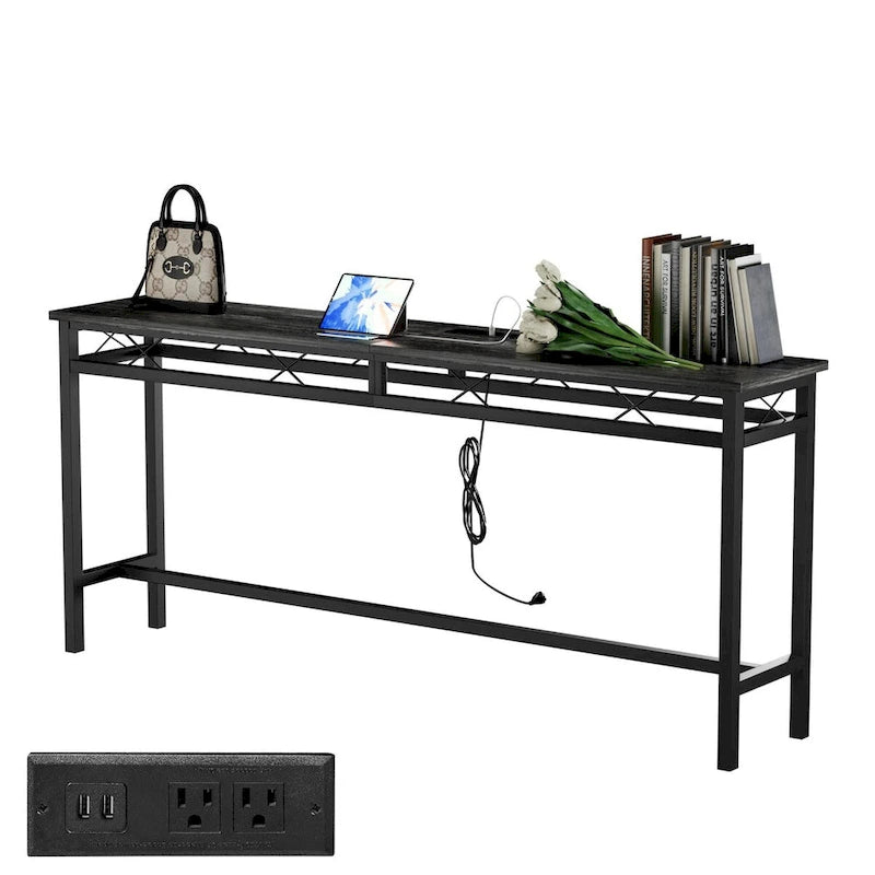 o Console Table with with Charging Station & USB Ports, Charcoal Gray