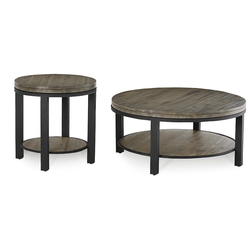 Solid Wood and Metal Round Coffee Table in Washed Grey - 19 x 40 x 40