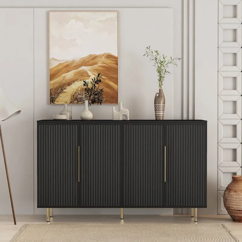 Buffet moderne noir avec rangement, grand buffet cannelé avec étagères réglables, crédence, meuble d'appoint