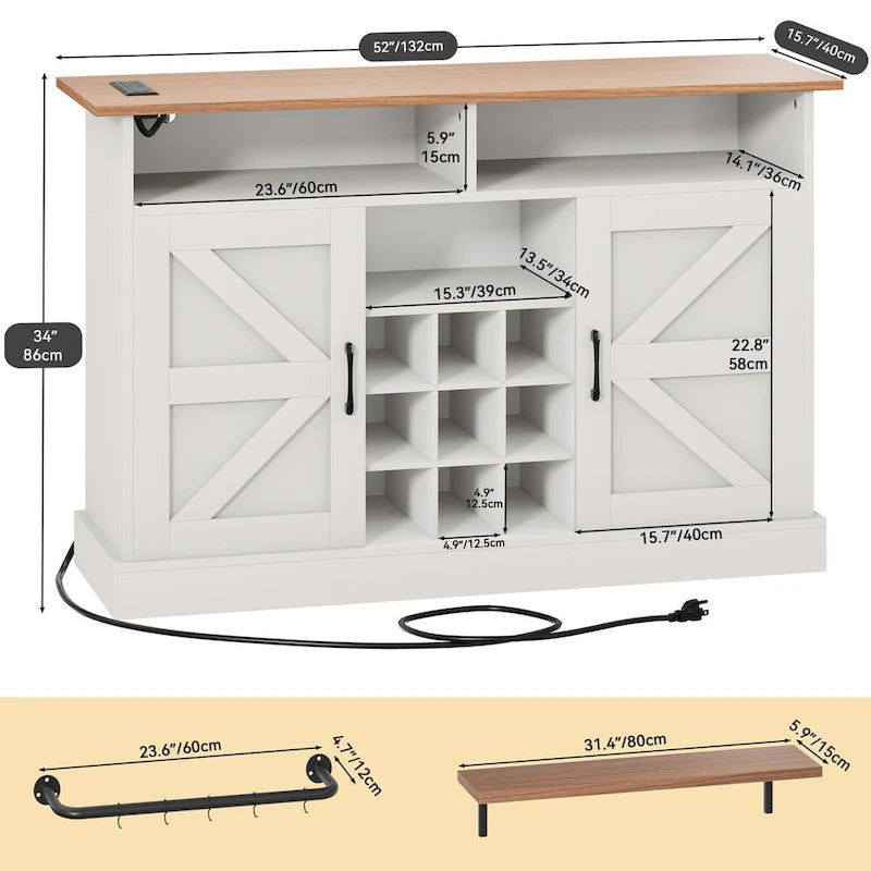 52Farmhouse Coffee Bar Cabinet with Floating Shelf - 15.75D x 52W x 34H