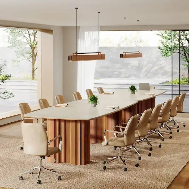 6.5 ft Conference Table with Sintered Stone Top & Wave Stripe Solid Wood Base