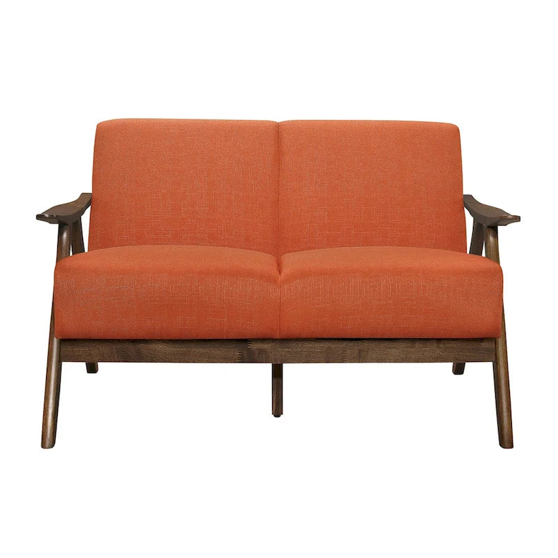 Causeuse Indy 130 cm, cadre angulaire en bois marron, tissu texturé orange