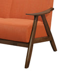 Causeuse Indy 130 cm, cadre angulaire en bois marron, tissu texturé orange