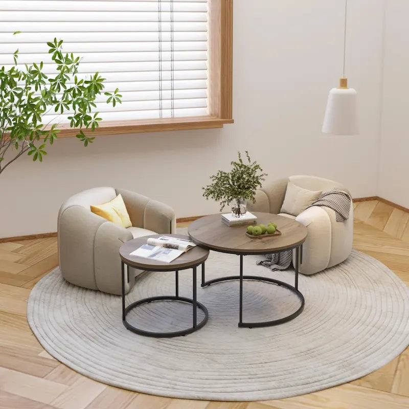 Lot de 2 tables basses gigognes, table basse ronde de 70 cm finition bois avec cadre en métal robuste, tables d'appoint