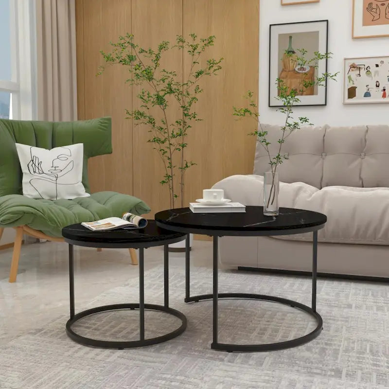 Lot de 2 tables basses gigognes, table basse ronde de 70 cm finition bois avec cadre en métal robuste, tables d'appoint