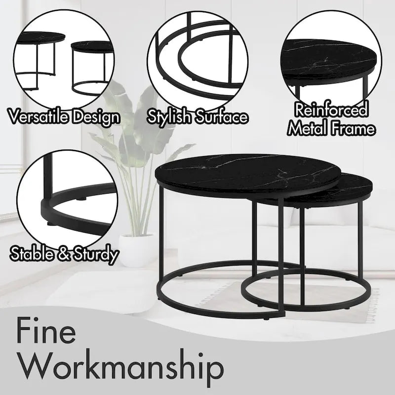 Lot de 2 tables basses gigognes, table basse ronde de 70 cm finition bois avec cadre en métal robuste, tables d'appoint